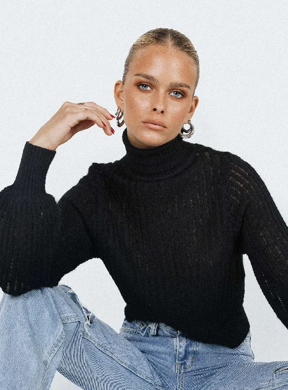 Plus Size Women's Embroidered Sweaters in Ethnic StylesMckilah Turtleneck Knit Jumper Black Plus Size Women's Embroidered Sweaters in Ethnic StylesMckilah Turtleneck Knit Jumper Black