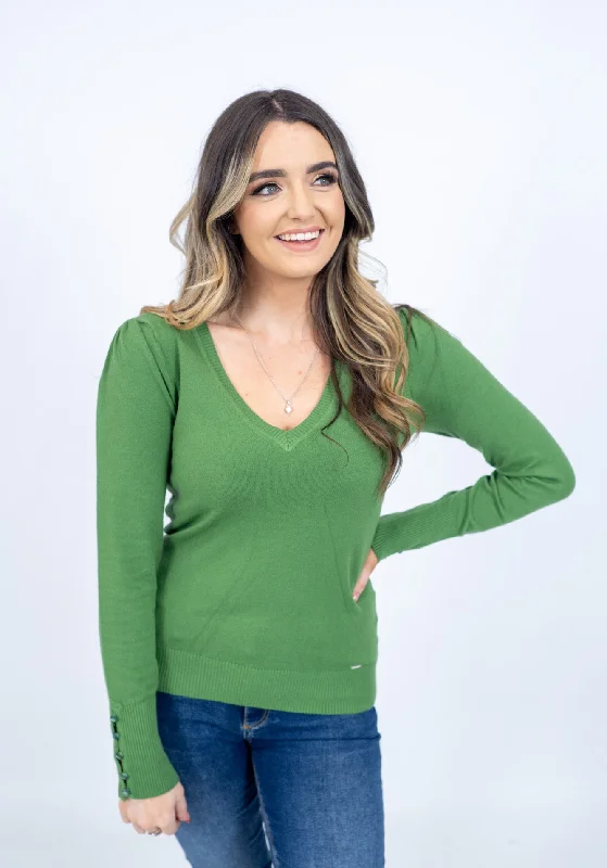 V - Neck Women's Ribbed Wool Sweaters for FallMd'M Green Sweater