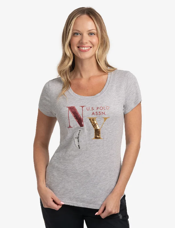 Graphic Print Women T Shirt for a Trendy StatementNYC SEQUINS SEMI SCOOP JERSEY T-SHIRT Graphic Print Women T Shirt for a Trendy StatementNYC SEQUINS SEMI SCOOP JERSEY T-SHIRT