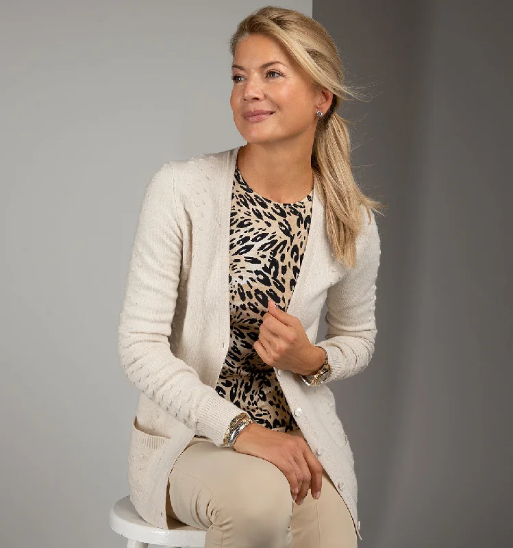 button down women cardigan with vintage buttonsPom Pom Cardigan in Beige