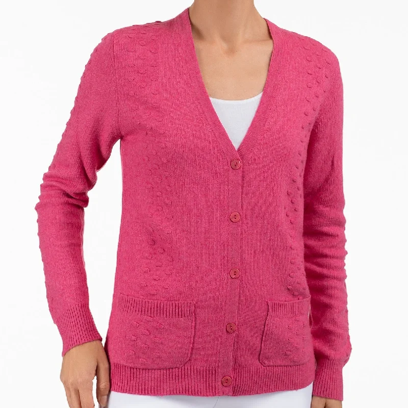 long length women cardigan with side slitsPom Pom Cardigan in Pink