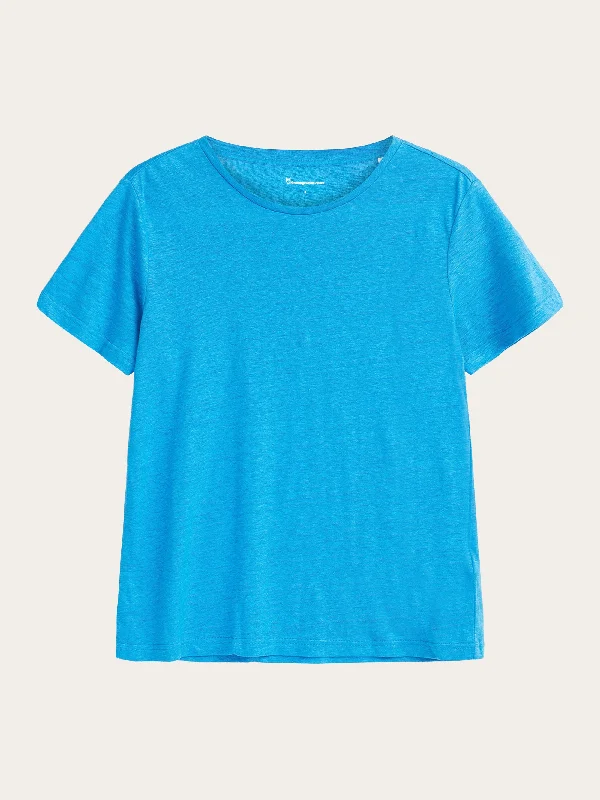 Crop Top Women T Shirt to Pair with High - Waisted BottomsReg linen t-shirt - Malibu Blue Crop Top Women T Shirt to Pair with High - Waisted BottomsReg linen t-shirt - Malibu Blue