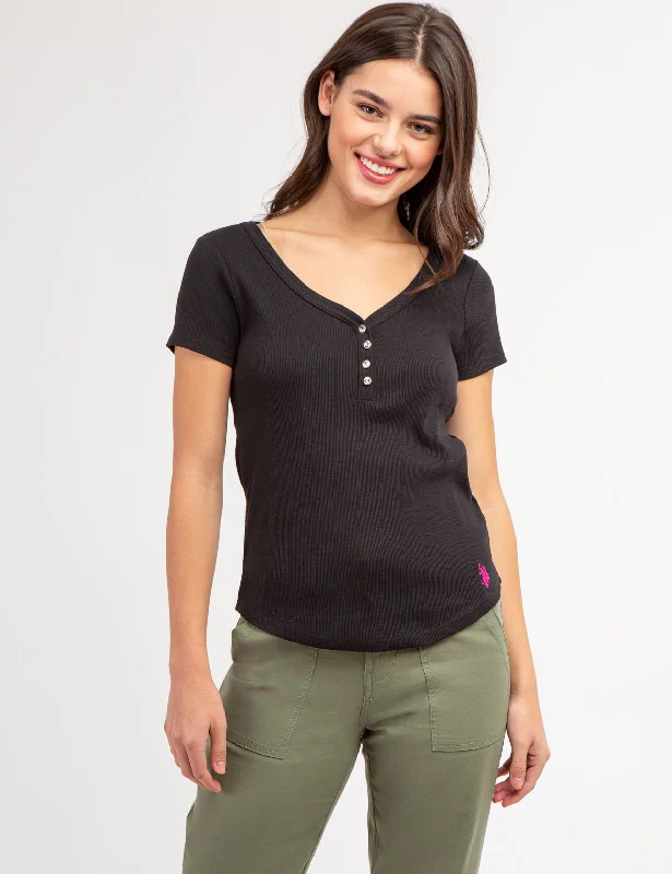 Striped Women T Shirt in a Classic PatternRHINESTONE BUTTON SHORT SLEEVE HENLEY