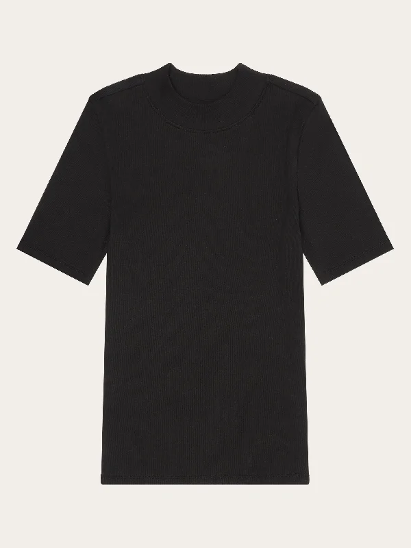 Striped Women T Shirt in a Classic PatternRib high neck short sleeve - Black Jet