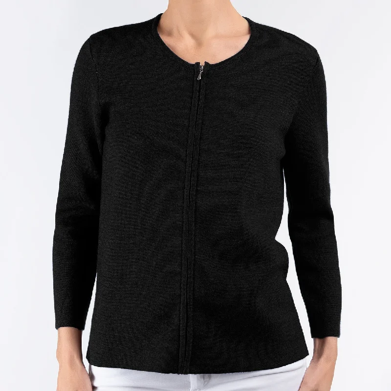 organic cotton women cardigan for an eco - friendly choiceRound Neck Zip Cardigan in Black organic cotton women cardigan for an eco - friendly choiceRound Neck Zip Cardigan in Black