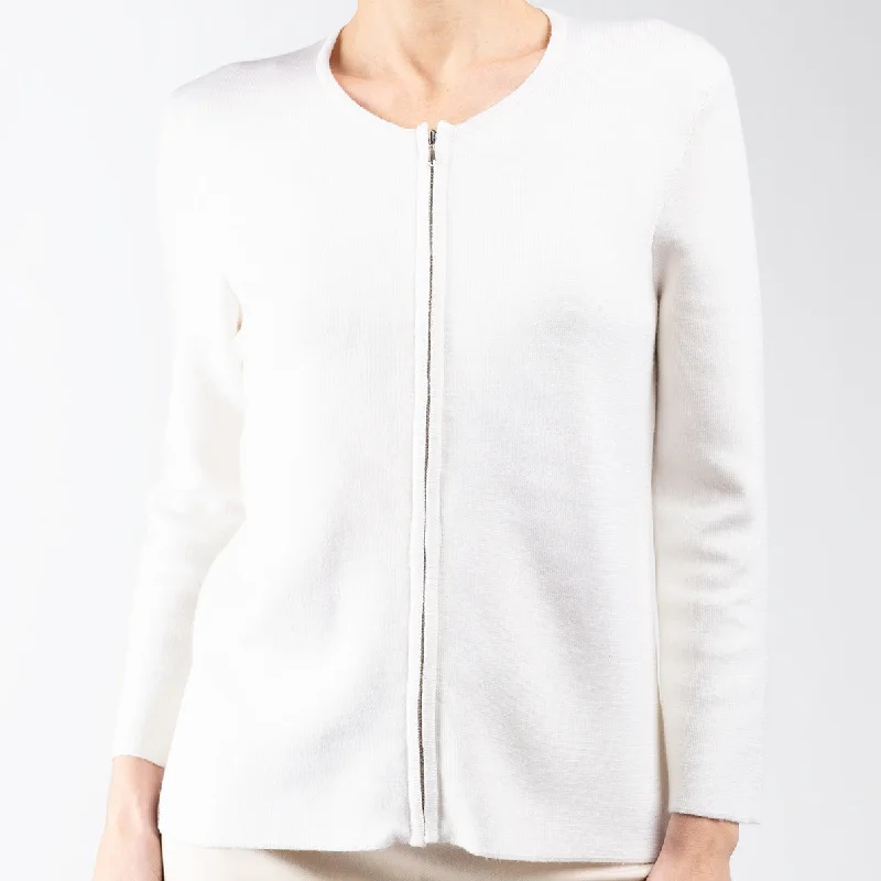 cable knit women cardigan with intricate patternsRound Neck Zip Cardigan in White