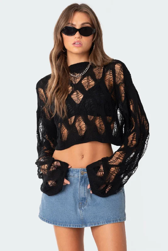 V - Neck Women's Ribbed Wool Sweaters for FallClover Distressed Sweater