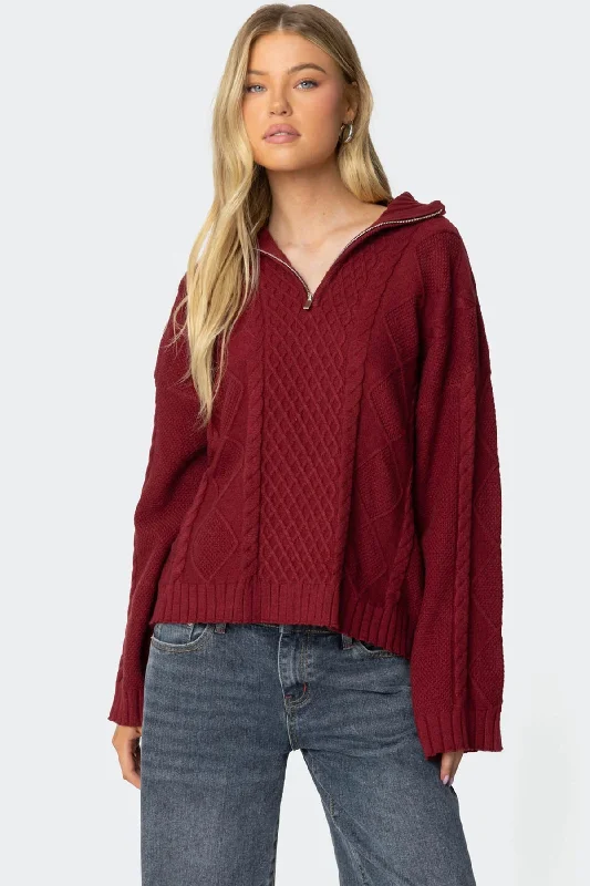 Plus Size Women's Sequined Sweaters for Special OccasionsOversized Quarter Zip Cable Knit Sweater Plus Size Women's Sequined Sweaters for Special OccasionsOversized Quarter Zip Cable Knit Sweater