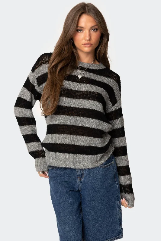 Open - Front Women's Cardigan - Style Mohair SweatersLight Knit Striped Sweater