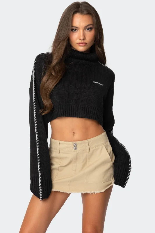 Short Sleeve Women's Cotton Blend Sweaters in Pastel ColorsEmbroidered Edge Cropped Turtle Neck Sweater Short Sleeve Women's Cotton Blend Sweaters in Pastel ColorsEmbroidered Edge Cropped Turtle Neck Sweater