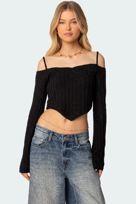 Hooded Women's Fleece - Lined Sweaters for WinterTriangle Hem Off Shoulder Sweater