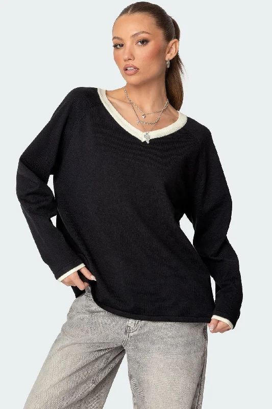 Hooded Women's Fleece - Lined Sweaters for WinterContrast V Neck Knit Sweater
