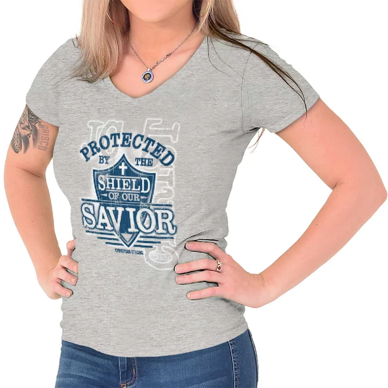 Crop Top Women T Shirt to Pair with High - Waisted BottomsShield of our Savior Junior Fit V-Neck T-Shirt Crop Top Women T Shirt to Pair with High - Waisted BottomsShield of our Savior Junior Fit V-Neck T-Shirt