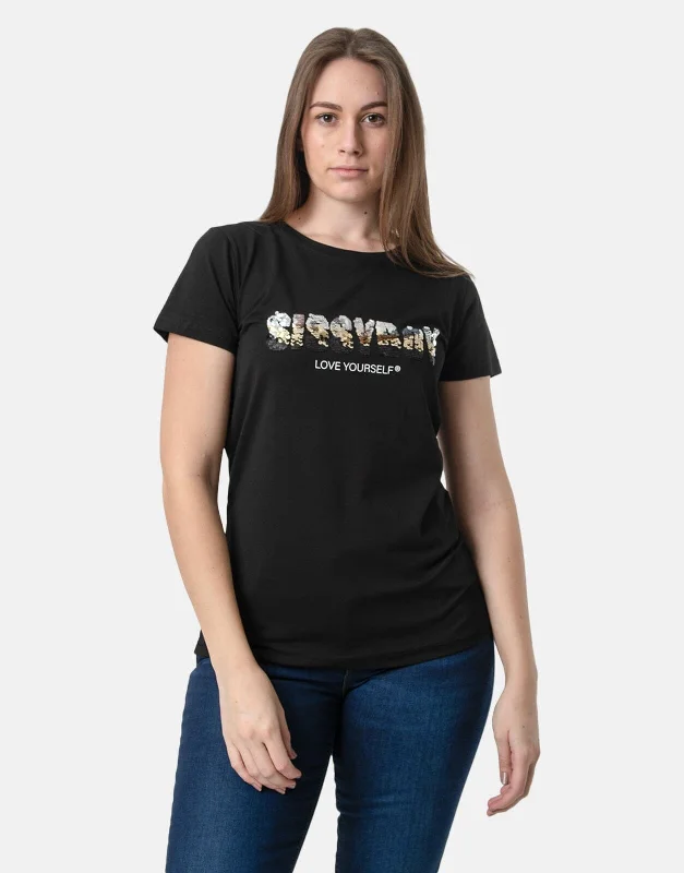 Floral Print Women T Shirt for a Feminine TouchSissy Boy Regular Sequin Black T-Shirt Floral Print Women T Shirt for a Feminine TouchSissy Boy Regular Sequin Black T-Shirt
