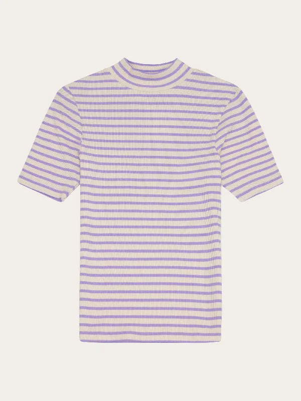Long Sleeve Women T Shirt for Cooler WeatherStriped rib high neck short sleeved - Purple stripe Long Sleeve Women T Shirt for Cooler WeatherStriped rib high neck short sleeved - Purple stripe