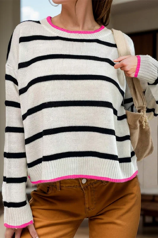Open - Front Women's Cardigan - Style Mohair SweatersStriped Round Neck Long Sleeve Sweater Open - Front Women's Cardigan - Style Mohair SweatersStriped Round Neck Long Sleeve Sweater