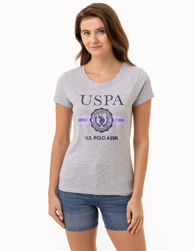 Tie - Dye Women T Shirt with a Bohemian VibeUSPA CREST SEMI SCOOP GRAPHIC T-SHIRT