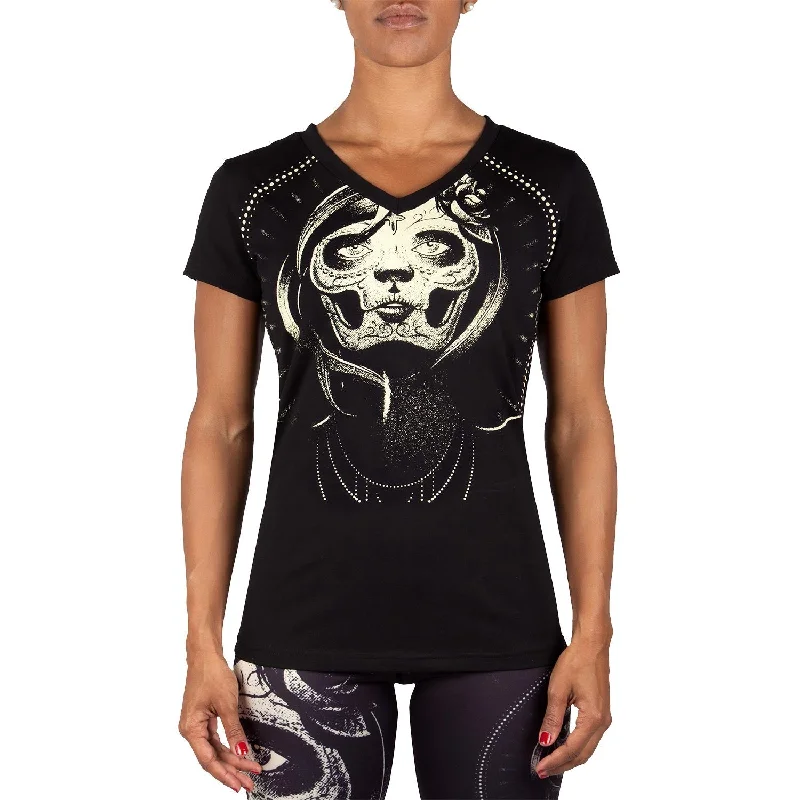 Embroidered Women T Shirt with Intricate DetailsVenum Santa Muerte T-shirt - Black/Yellow - For Women Embroidered Women T Shirt with Intricate DetailsVenum Santa Muerte T-shirt - Black/Yellow - For Women