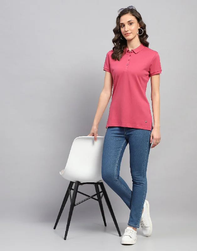 Tie - Dye Women T Shirt with a Bohemian VibeWomen Pink Solid Polo Collar Half Sleeve T Shirt Tie - Dye Women T Shirt with a Bohemian VibeWomen Pink Solid Polo Collar Half Sleeve T Shirt