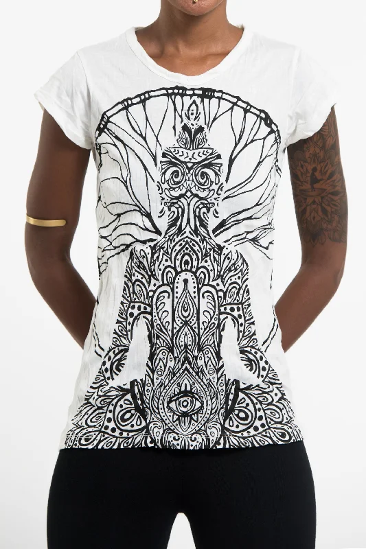 Long Sleeve Women T Shirt for Cooler WeatherWomens Hamsa Meditation T-Shirt in White Long Sleeve Women T Shirt for Cooler WeatherWomens Hamsa Meditation T-Shirt in White