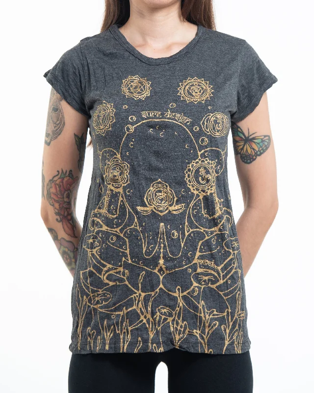 Sheer Women T Shirt for a Stylish and Alluring LookWomens Octopus Chakras T-Shirt in Gold on Black Sheer Women T Shirt for a Stylish and Alluring LookWomens Octopus Chakras T-Shirt in Gold on Black