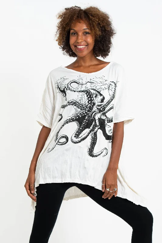 Ringer T Shirt Women with Retro - Inspired StripesWomens Octopus Loose V Neck T-Shirt in White Ringer T Shirt Women with Retro - Inspired StripesWomens Octopus Loose V Neck T-Shirt in White