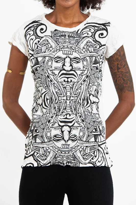 V - Neck Women T Shirt to Enhance the NecklineWomens Tribal Masks T-Shirt in White