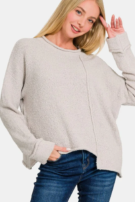 Bell - Sleeve Women's Mohair - Wool Blend SweatersZenana Asymmetric Hem Drop Shoulder Sweater Bell - Sleeve Women's Mohair - Wool Blend SweatersZenana Asymmetric Hem Drop Shoulder Sweater