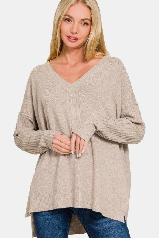 Hooded Women's Fleece - Lined Sweaters for WinterZenana V-Neck Side Slit High-Low Sweater Hooded Women's Fleece - Lined Sweaters for WinterZenana V-Neck Side Slit High-Low Sweater