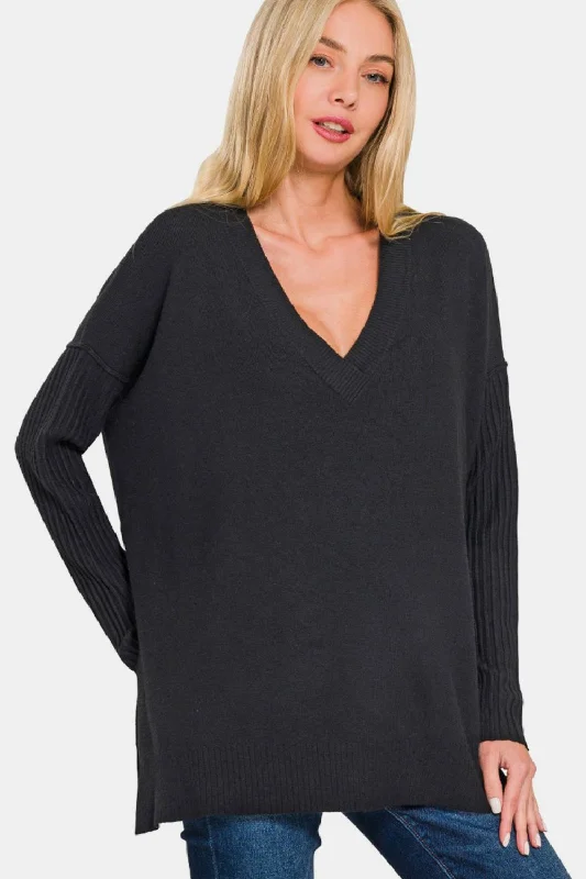 V - Neck Women's Ribbed Wool Sweaters for FallZenana V-Neck Side Slit High-Low Sweater V - Neck Women's Ribbed Wool Sweaters for FallZenana V-Neck Side Slit High-Low Sweater