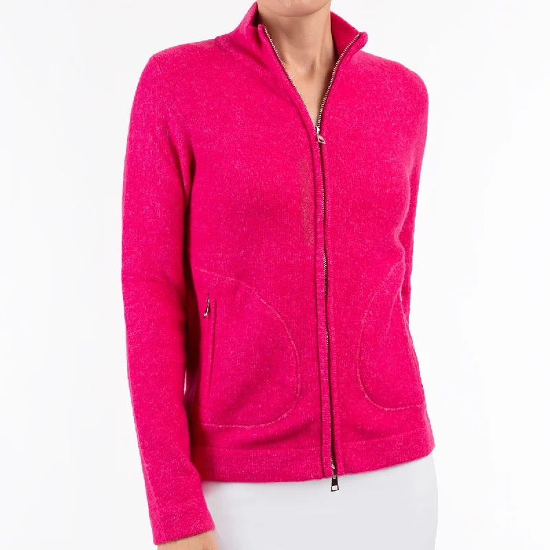 long length women cardigan with side slitsZip Cardigan in Fuxia