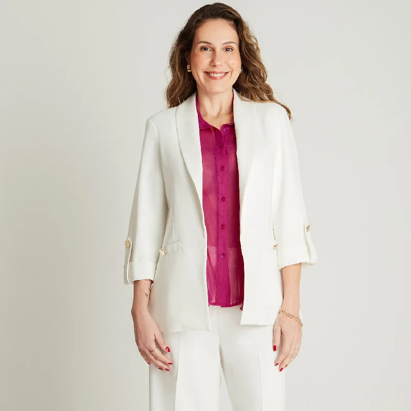 Plus Size Women's Sequin - Embellished Blazers in Silver for a Glamorous PartyBlazer Blanco Manga 3/4 Cuello Solapa Plus Size Women's Sequin - Embellished Blazers in Silver for a Glamorous PartyBlazer Blanco Manga 3/4 Cuello Solapa