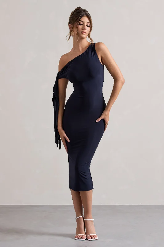 Pleated Women Dress with a Timeless and Elegant TextureAdapt | Navy Asymmetric Midi Dress With Tie Sleeve