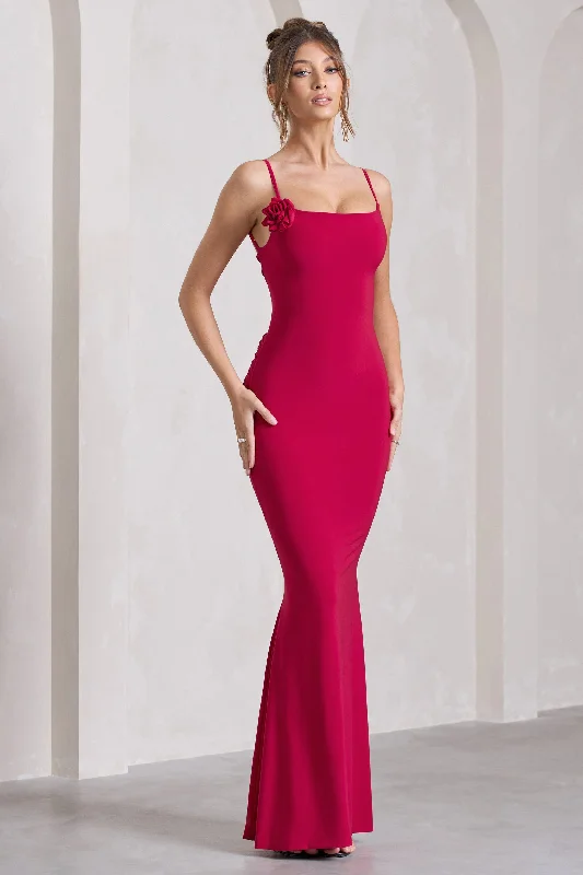 Mini Women Dress with a Short Hem for a Young and Trendy StyleAlora | Red Strappy Lace-Up Maxi Dress With Flower Corsage Mini Women Dress with a Short Hem for a Young and Trendy StyleAlora | Red Strappy Lace-Up Maxi Dress With Flower Corsage