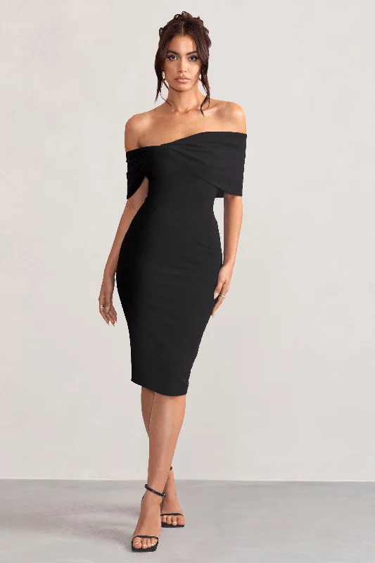 Strapless Women Dress with a Built - in Bra for Comfort and SupportAlyssa | Black Bardot Bow Detail Midi Dress Strapless Women Dress with a Built - in Bra for Comfort and SupportAlyssa | Black Bardot Bow Detail Midi Dress
