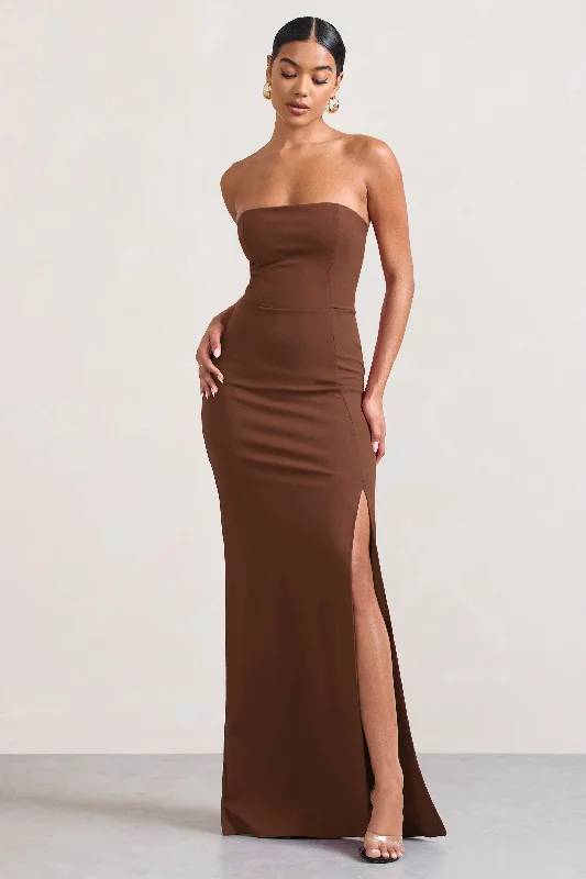 Long - Sleeve Women Dress in Velvet for a Luxurious Winter LookBelle of The Ball | Brown Bandeau Maxi Dress With Split Hem
