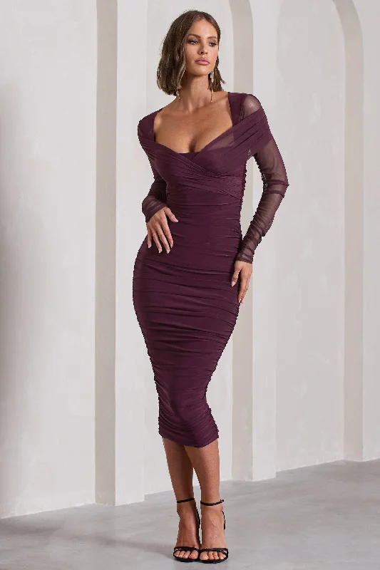 Little Black Women Dress with Sequins for a Glamorous Night OutBetween The Lines | Plum Ruched Mesh Long-Sleeved Bodycon Midi Dress