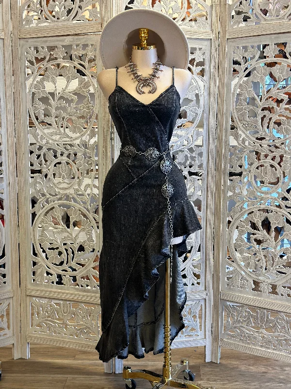 Wrap - Style Women Dress with Adjustable Fit for All Body TypesBlack Denim Maxi Ruffled Dress- Stretchy, Estira