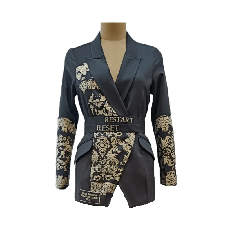 Plus Size Women's Double - Breasted Wool Blazers for Winter Office WearBlack Gold Porcelain Blazer Plus Size Women's Double - Breasted Wool Blazers for Winter Office WearBlack Gold Porcelain Blazer