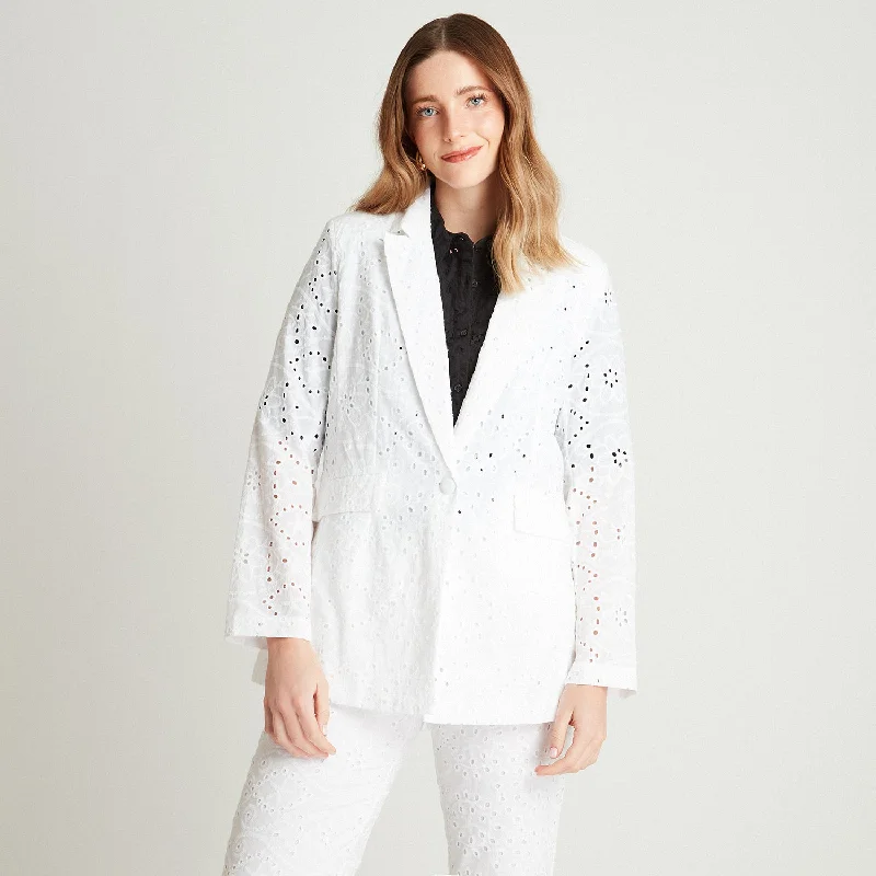Double - Breasted Women's Polyester Blazers in Bright Colors for a Fun StyleBlazer Blanco De Broderie Cuello Solapa Double - Breasted Women's Polyester Blazers in Bright Colors for a Fun StyleBlazer Blanco De Broderie Cuello Solapa