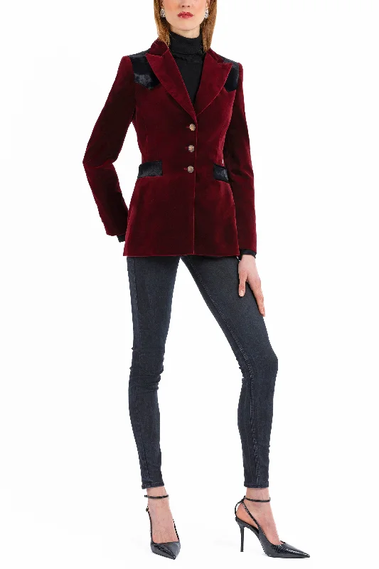 Women's Tailored Stretch Blazers in Navy Blue for Business MeetingsBlazer in deep crimson-red velvet with black pony-hair-velvet accents