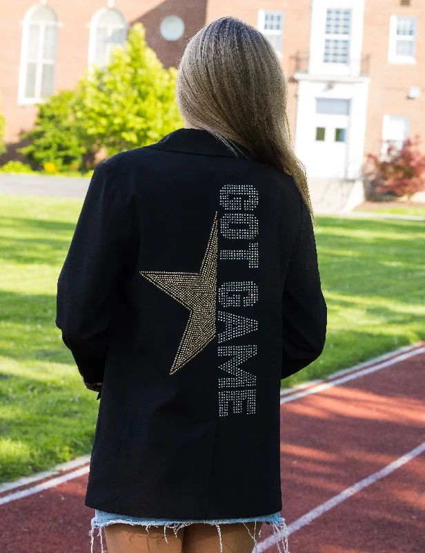 Women's Slim - Fit Blazers in Charcoal Gray for a Professional AppearanceGame Day Blazer, Leopard Lined Black, Got Game Star Women's Slim - Fit Blazers in Charcoal Gray for a Professional AppearanceGame Day Blazer, Leopard Lined Black, Got Game Star