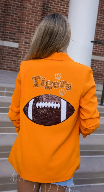 Plus Size Women's Faux Fur - Trimmed Blazers in Black for a Luxurious LookGame Day Blazer, Ruched Orange, Tigers Football Plus Size Women's Faux Fur - Trimmed Blazers in Black for a Luxurious LookGame Day Blazer, Ruched Orange, Tigers Football
