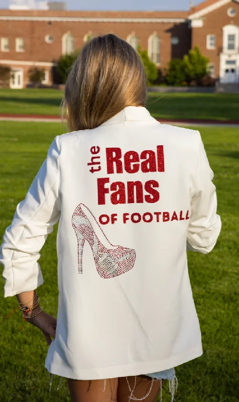 Double - Breasted Women's Polyester Blazers in Bright Colors for a Fun StyleGame Day Blazer, Ruched White, Real Fans of Football Double - Breasted Women's Polyester Blazers in Bright Colors for a Fun StyleGame Day Blazer, Ruched White, Real Fans of Football