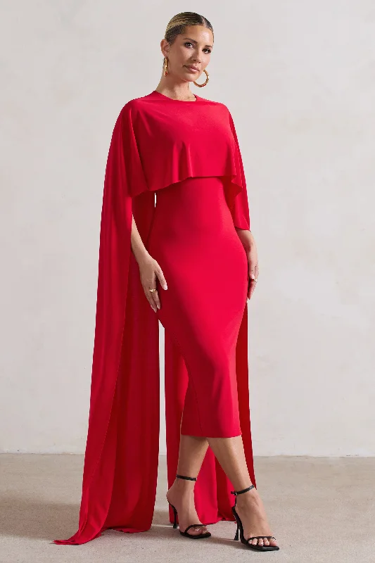 Ruffled Women Dress with Multiple Layers for a Playful and Girly StyleCamellia | Red Midi Dress With High-Low Cape Ruffled Women Dress with Multiple Layers for a Playful and Girly StyleCamellia | Red Midi Dress With High-Low Cape