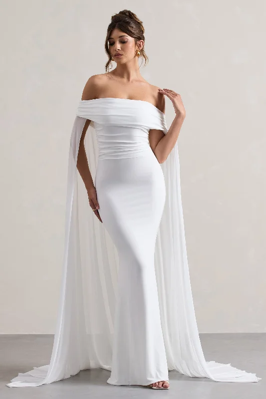Maxi Women Dress with Floral Print for a Bohemian VibeCarlotta | White Bardot Maxi Dress With Chiffon Cape