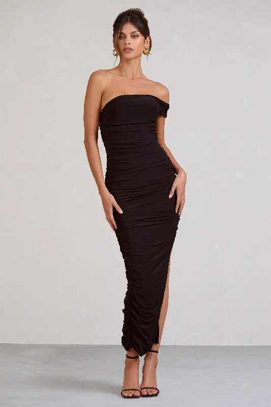 Empire Waist Women Dress to Accentuate the Bust and Conceal the WaistCeline | Black Asymmetric One Shoulder Ruched Maxi Dress With Curved Cut Out Empire Waist Women Dress to Accentuate the Bust and Conceal the WaistCeline | Black Asymmetric One Shoulder Ruched Maxi Dress With Curved Cut Out