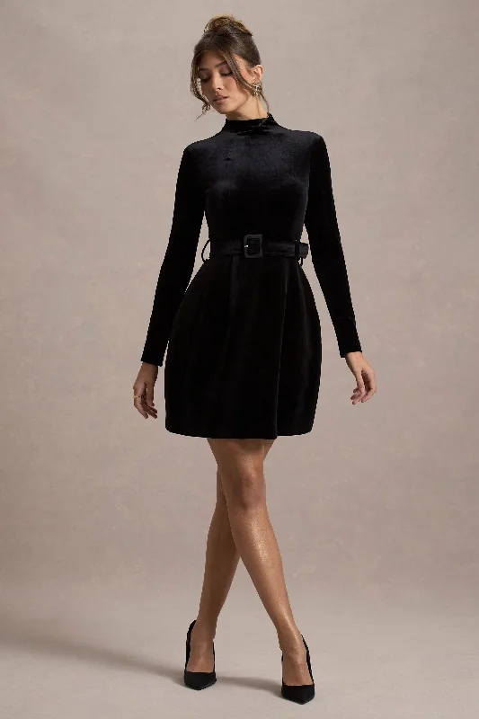 Pleated Women Dress with a Timeless and Elegant TextureCharm | Black Velvet Turtleneck Long-Sleeve Belted Mini Dress
