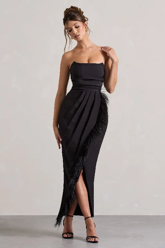 Ruffled Women Dress with Multiple Layers for a Playful and Girly StyleChosen | Black Bandeau Wrap Maxi Dress With Feather Trim Ruffled Women Dress with Multiple Layers for a Playful and Girly StyleChosen | Black Bandeau Wrap Maxi Dress With Feather Trim