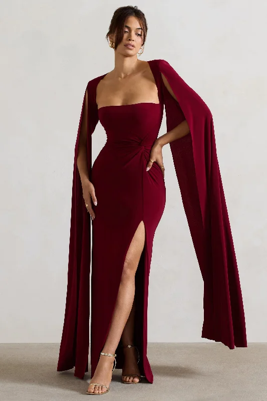 Halter Neck Women Dress to Show Off the Shoulders and NecklineClaretta | Berry Square Neck Twisted Maxi Dress With Cape Sleeves Halter Neck Women Dress to Show Off the Shoulders and NecklineClaretta | Berry Square Neck Twisted Maxi Dress With Cape Sleeves